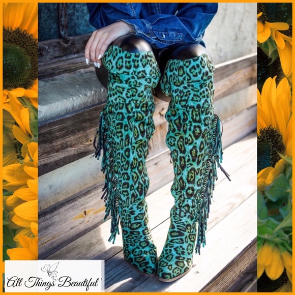 LAST PAIR SZ 6 •L&B Turquoise Leopard Tall Boots• - Picture 4 of 10